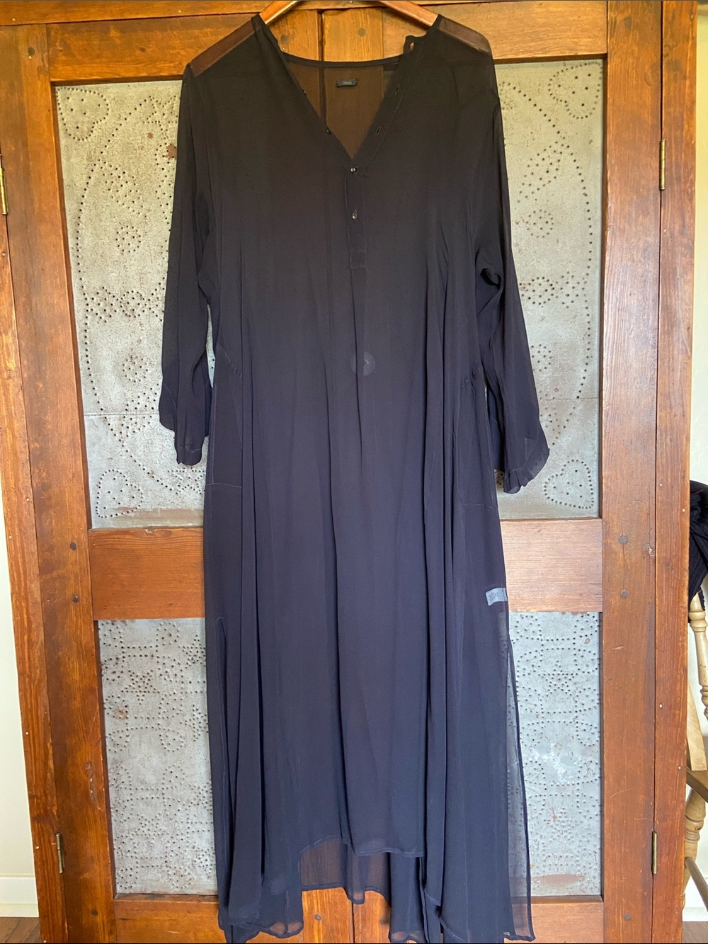 Dosa Silk Henley Black Sheer Maxi Tunic Dress One Size